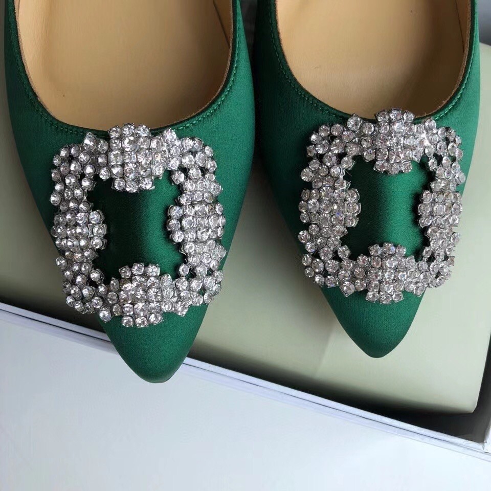 Manolo Blahnik Hangisi Flats In Green Satin