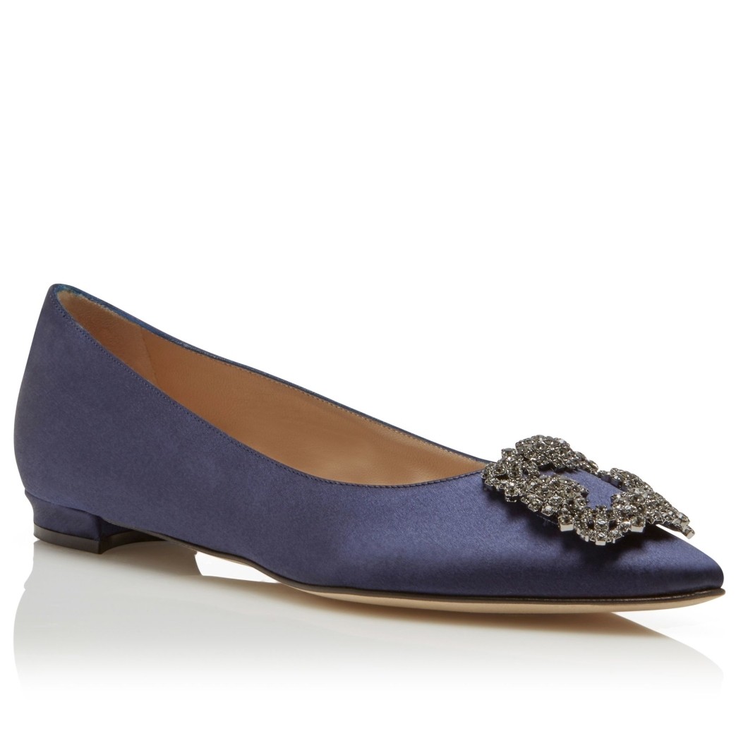 Manolo Blahnik Hangisi Flats In Navy Blue Satin