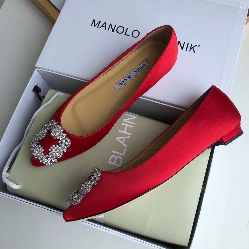 Manolo Blahnik Hangisi Flats In Red Satin