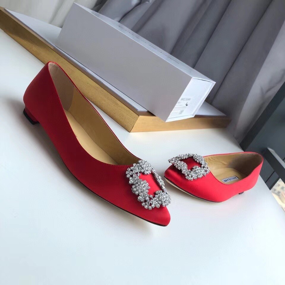 Manolo Blahnik Hangisi Flats In Red Satin