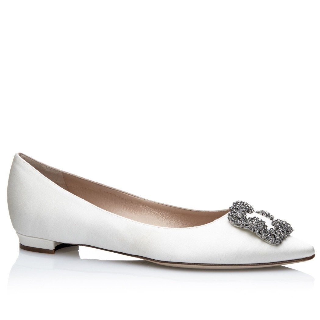 Manolo Blahnik Hangisi Flats In White Satin