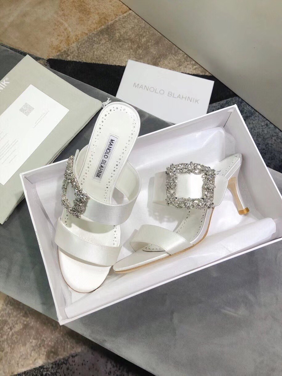 Manolo Blahnik White Gable Jewel 75mm Sandals