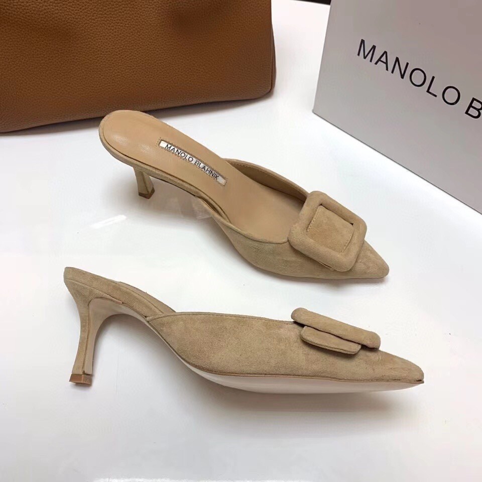 Manolo Blahnik Maysale 70mm Mules In Beige Suede