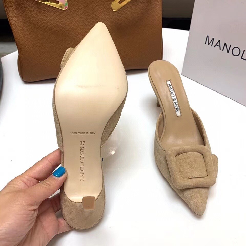 Manolo Blahnik Maysale 70mm Mules In Beige Suede