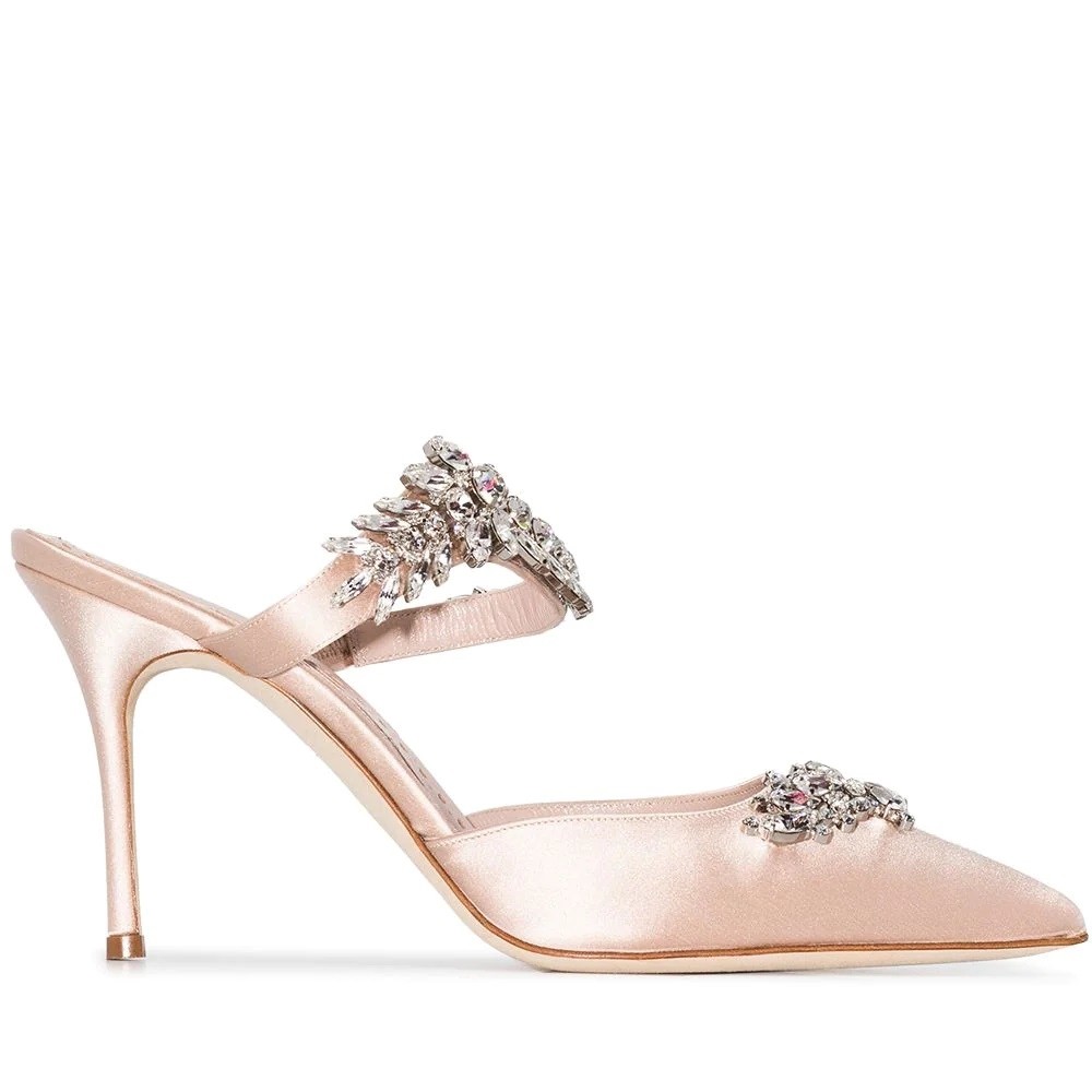 Manolo Blahnik Lurum 90mm Mules In Nude Satin With Crystal