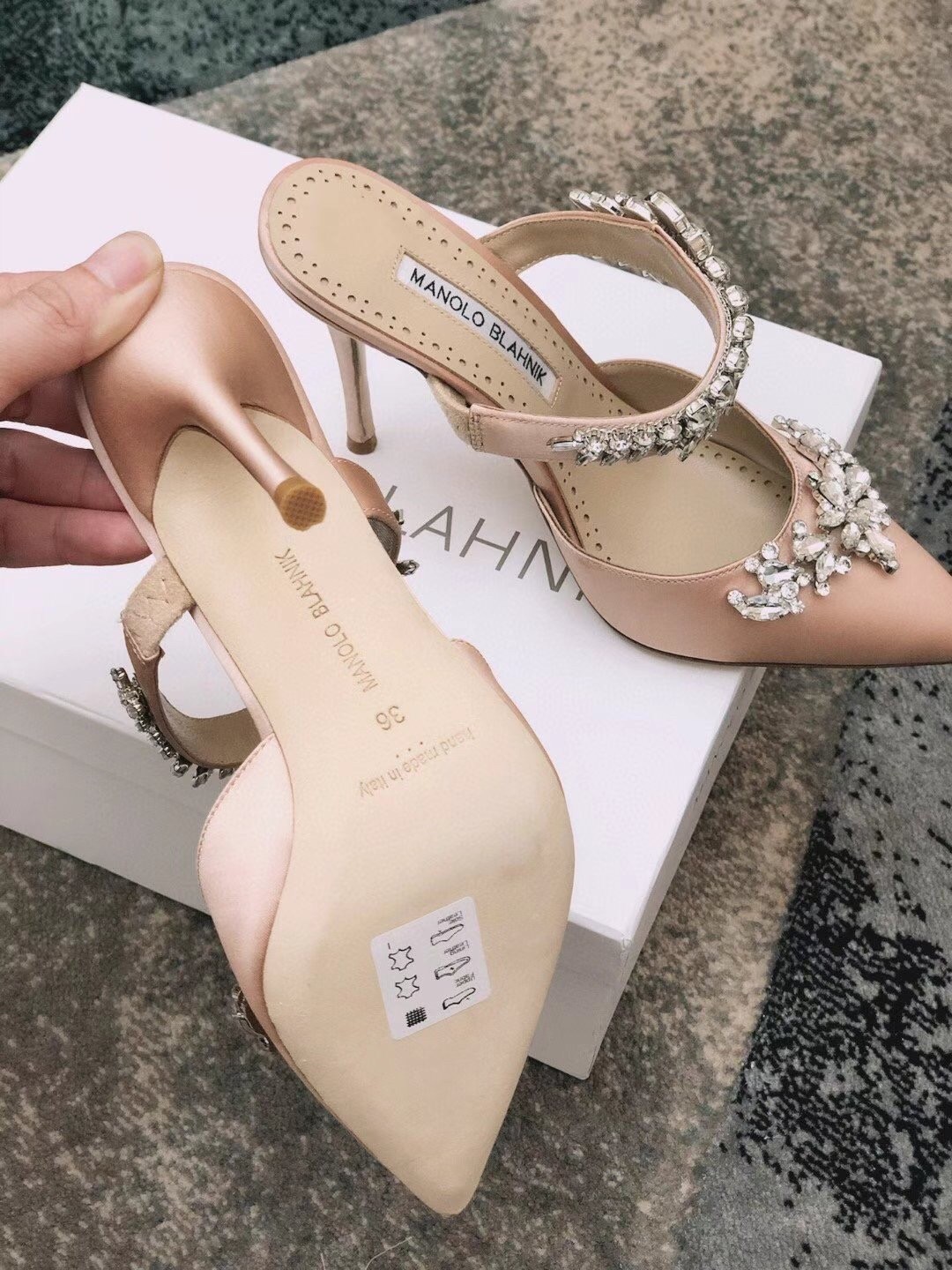 Manolo Blahnik Lurum 90mm Mules In Nude Satin With Crystal