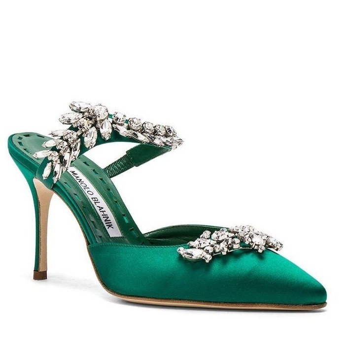 Manolo Blahnik Lurum 90mm Mules In Green Satin With Crystal