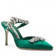 Manolo Blahnik Lurum 90mm Mules In Green Satin With Crystal