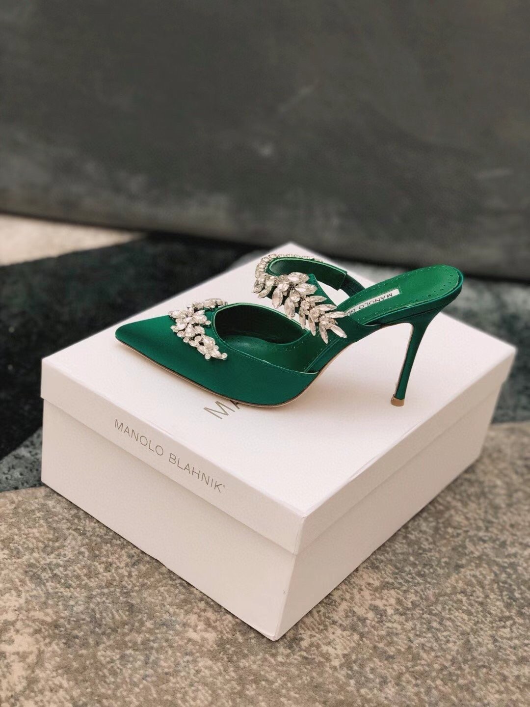 Manolo Blahnik Lurum 90mm Mules In Green Satin With Crystal