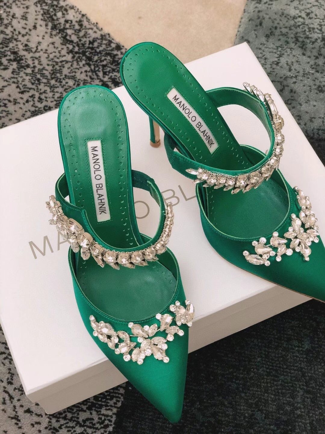 Manolo Blahnik Lurum 90mm Mules In Green Satin With Crystal