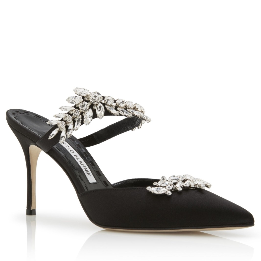 Manolo Blahnik Lurum 90mm Mules In Black Satin With Crystal