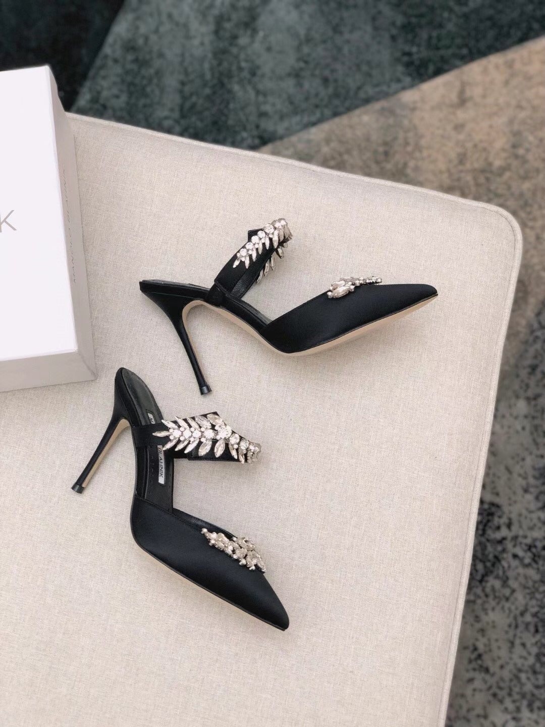 Manolo Blahnik Lurum 90mm Mules In Black Satin With Crystal