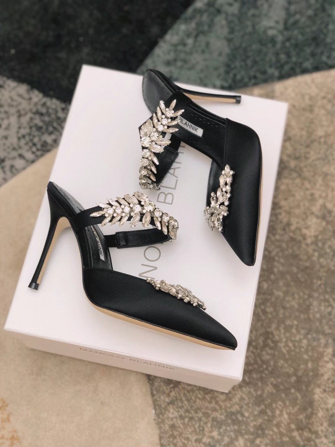 Manolo Blahnik Lurum 90mm Mules In Black Satin With Crystal