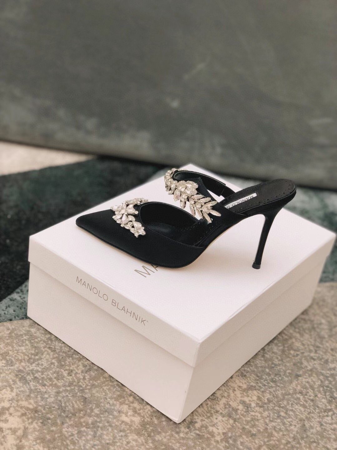 Manolo Blahnik Lurum 90mm Mules In Black Satin With Crystal