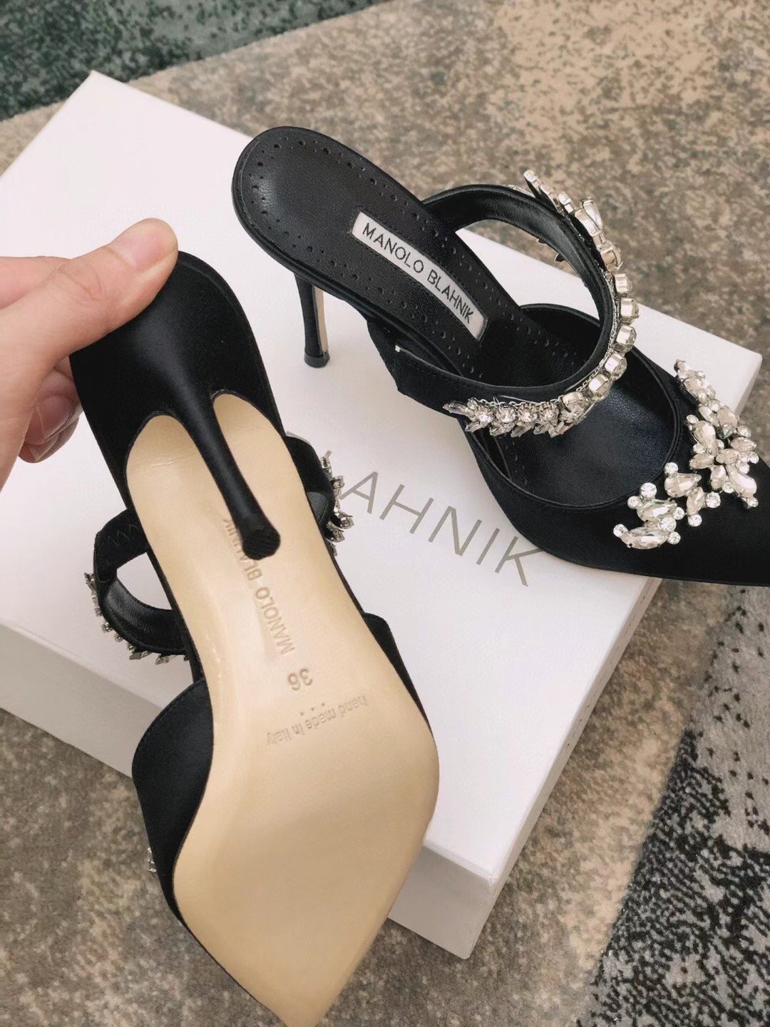 Manolo Blahnik Lurum 90mm Mules In Black Satin With Crystal