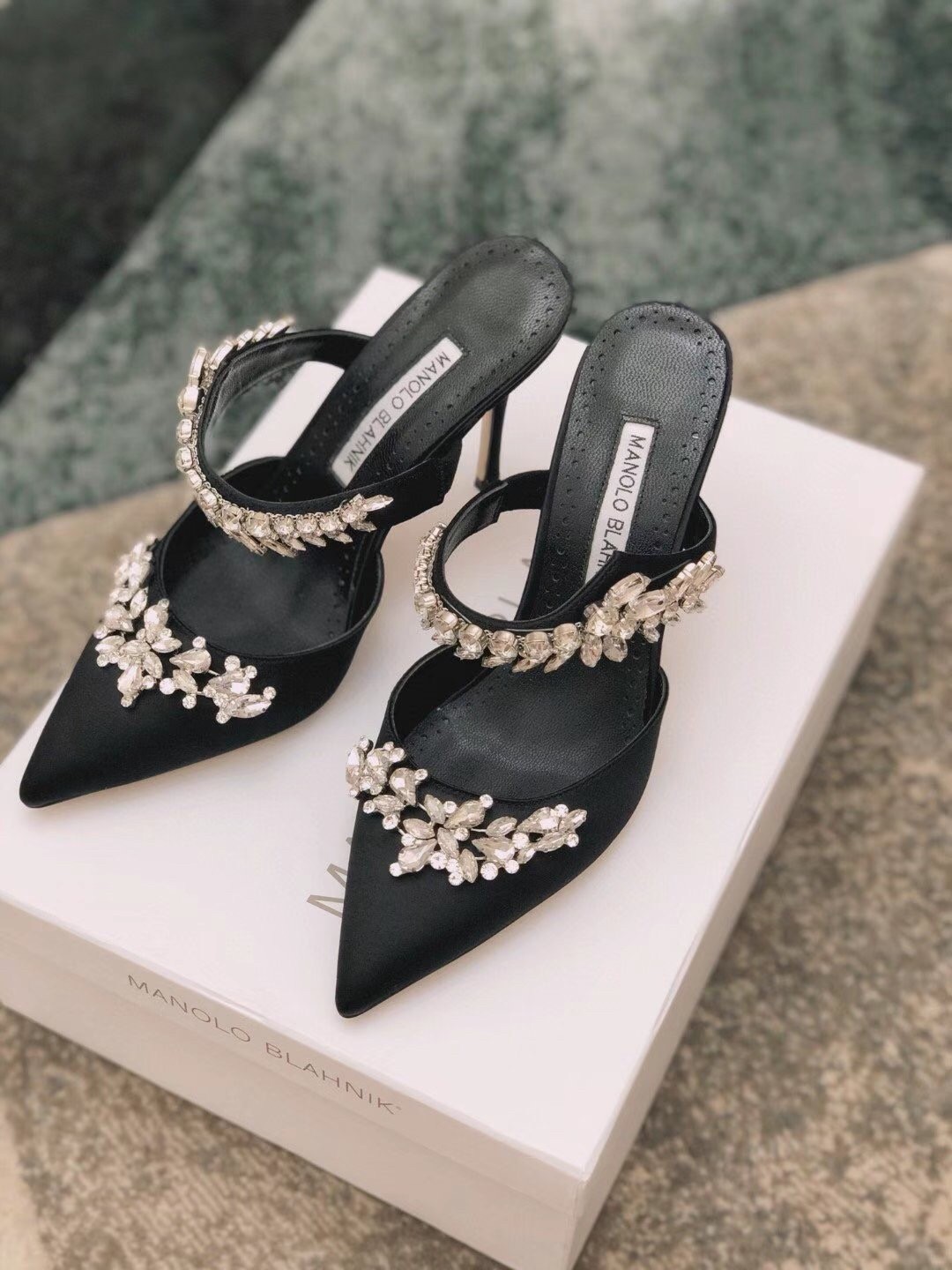 Manolo Blahnik Lurum 90mm Mules In Black Satin With Crystal