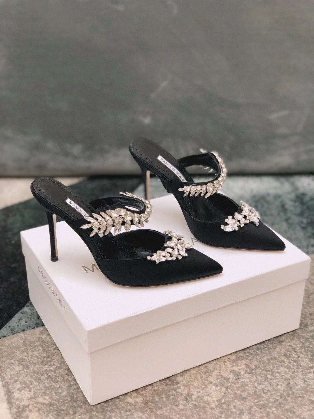 Manolo Blahnik Lurum 90mm Mules In Black Satin With Crystal