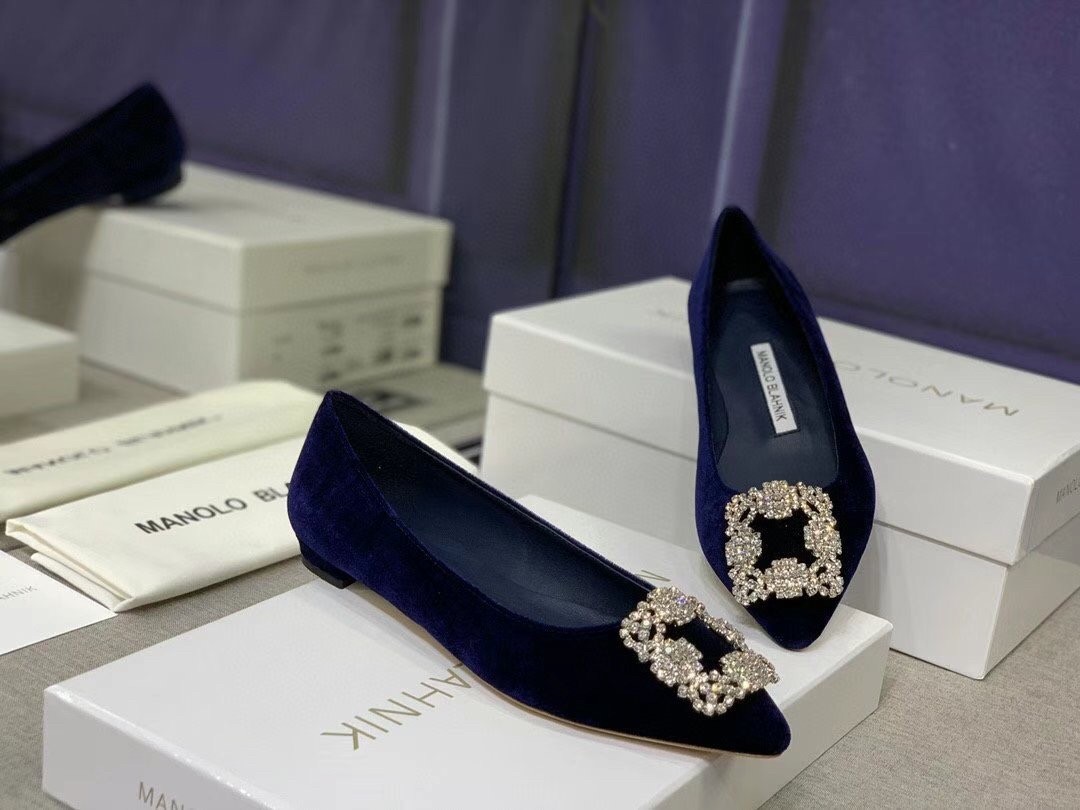 Manolo Blahnik Hangisi Flats In Blue Velvet with Crystal Buckle