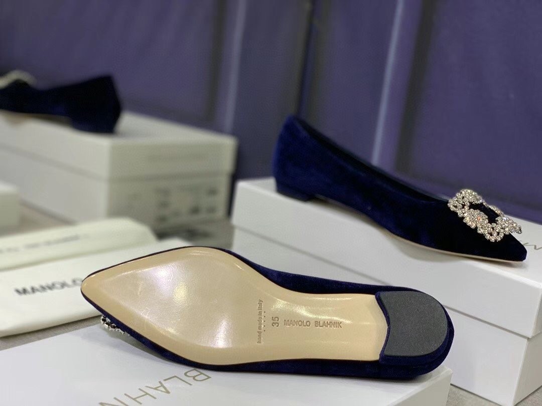 Manolo Blahnik Hangisi Flats In Blue Velvet with Crystal Buckle