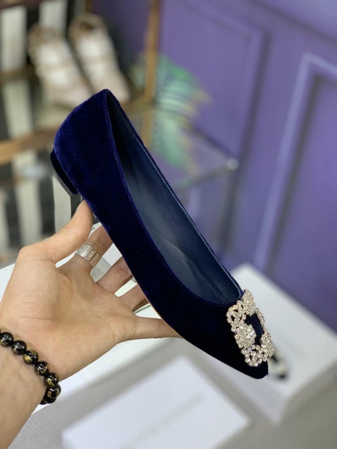 Manolo Blahnik Hangisi Flats In Blue Velvet with Crystal Buckle