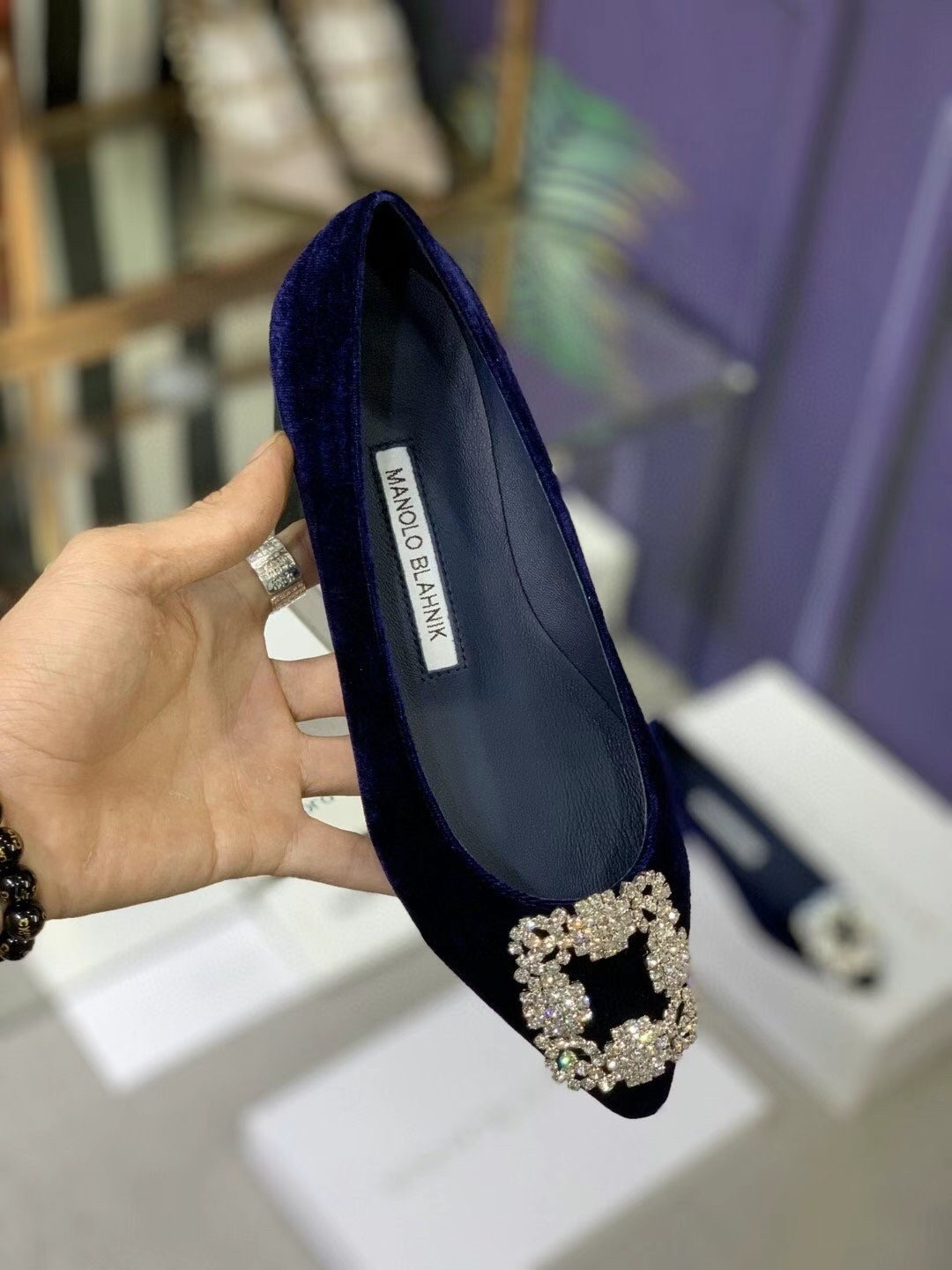 Manolo Blahnik Hangisi Flats In Blue Velvet with Crystal Buckle