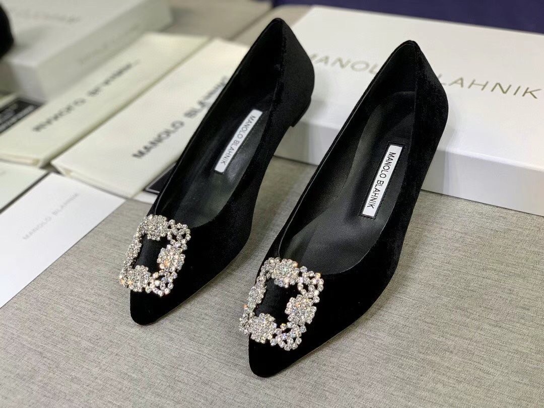 Manolo Blahnik Hangisi Flats In Black Velvet with Crystal Buckle