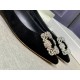 Manolo Blahnik Hangisi Flats In Black Velvet with Crystal Buckle