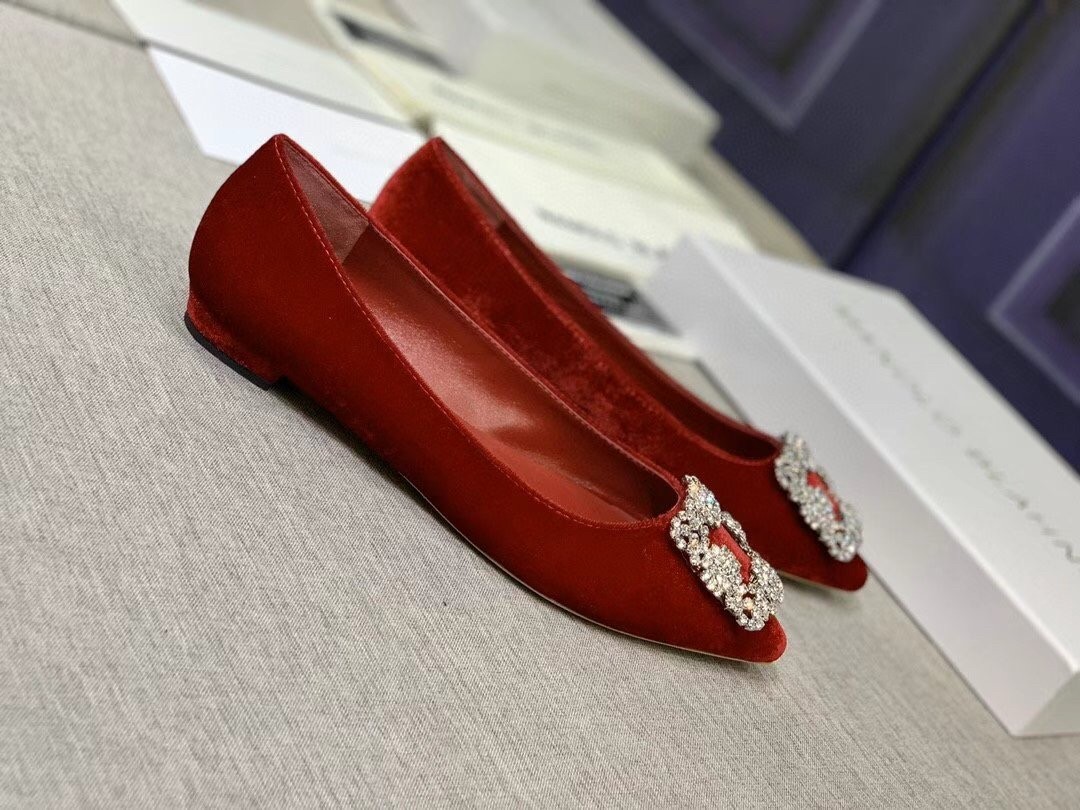 Manolo Blahnik Hangisi Flats In Red Velvet with Crystal Buckle