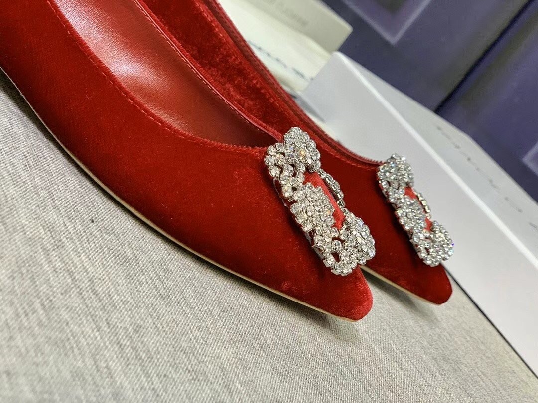 Manolo Blahnik Hangisi Flats In Red Velvet with Crystal Buckle