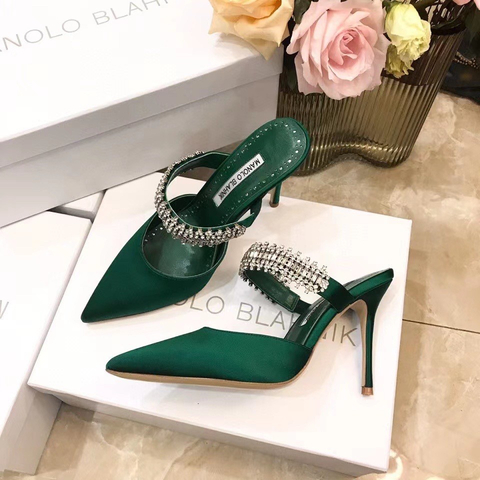 Manolo Blahnik Lutara Crystal 90mm Mules In Green Satin