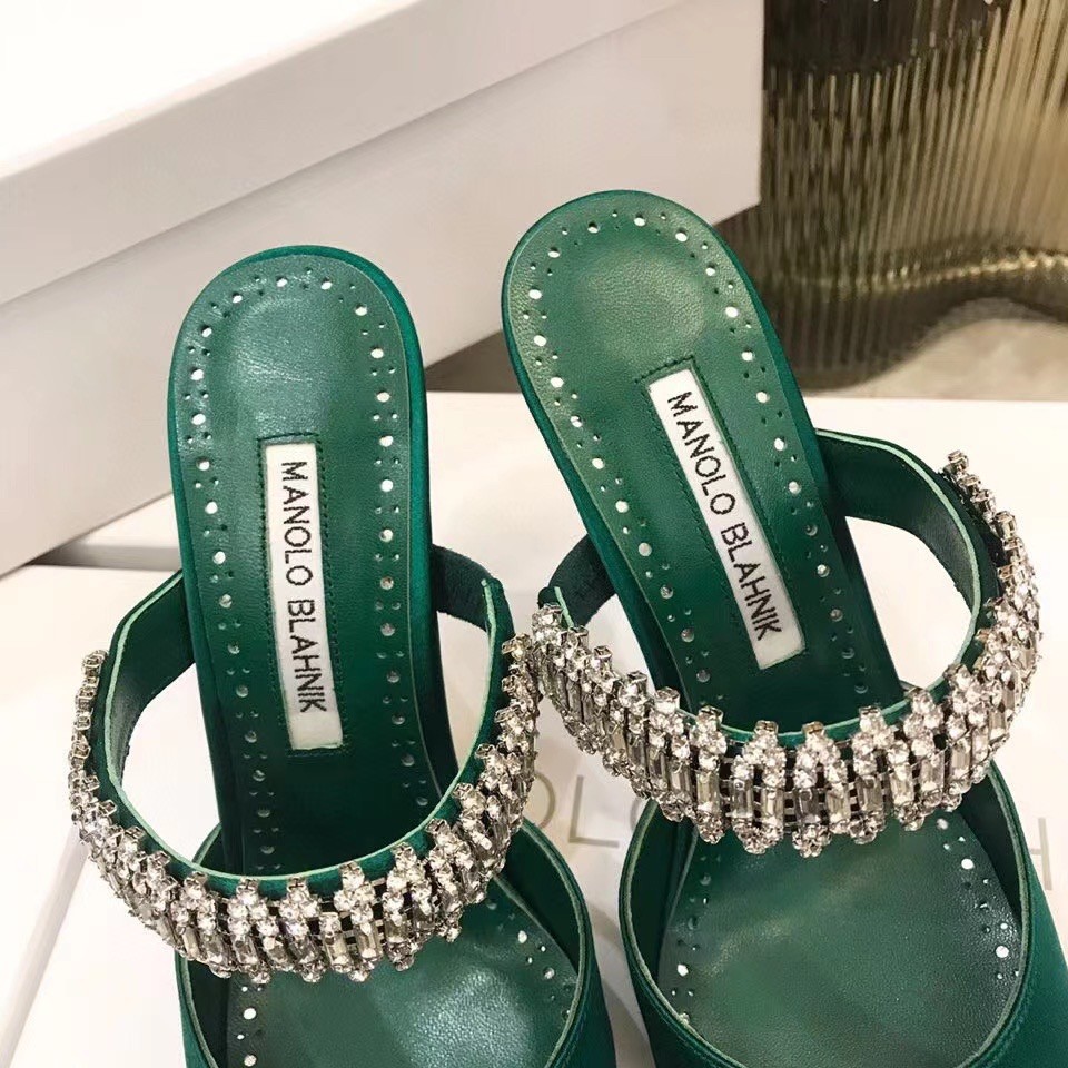 Manolo Blahnik Lutara Crystal 90mm Mules In Green Satin