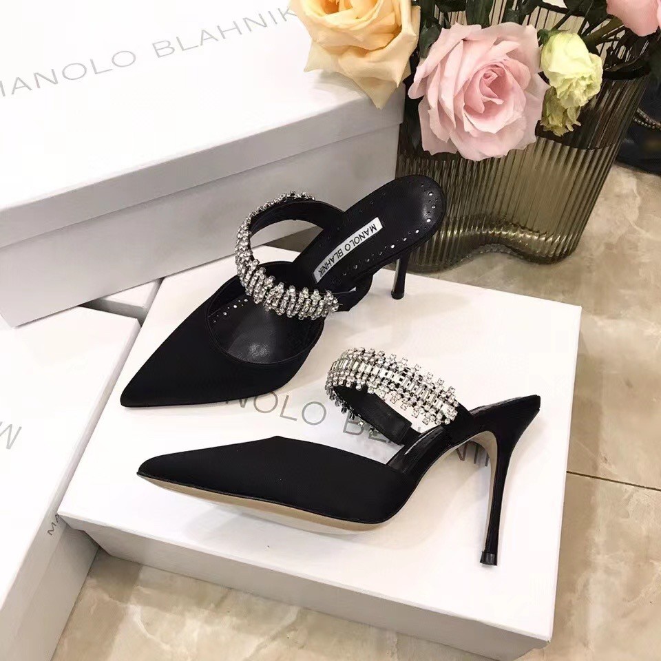 Manolo Blahnik Lutara Crystal 90mm Mules In Black Satin