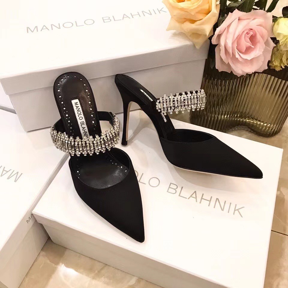 Manolo Blahnik Lutara Crystal 90mm Mules In Black Satin