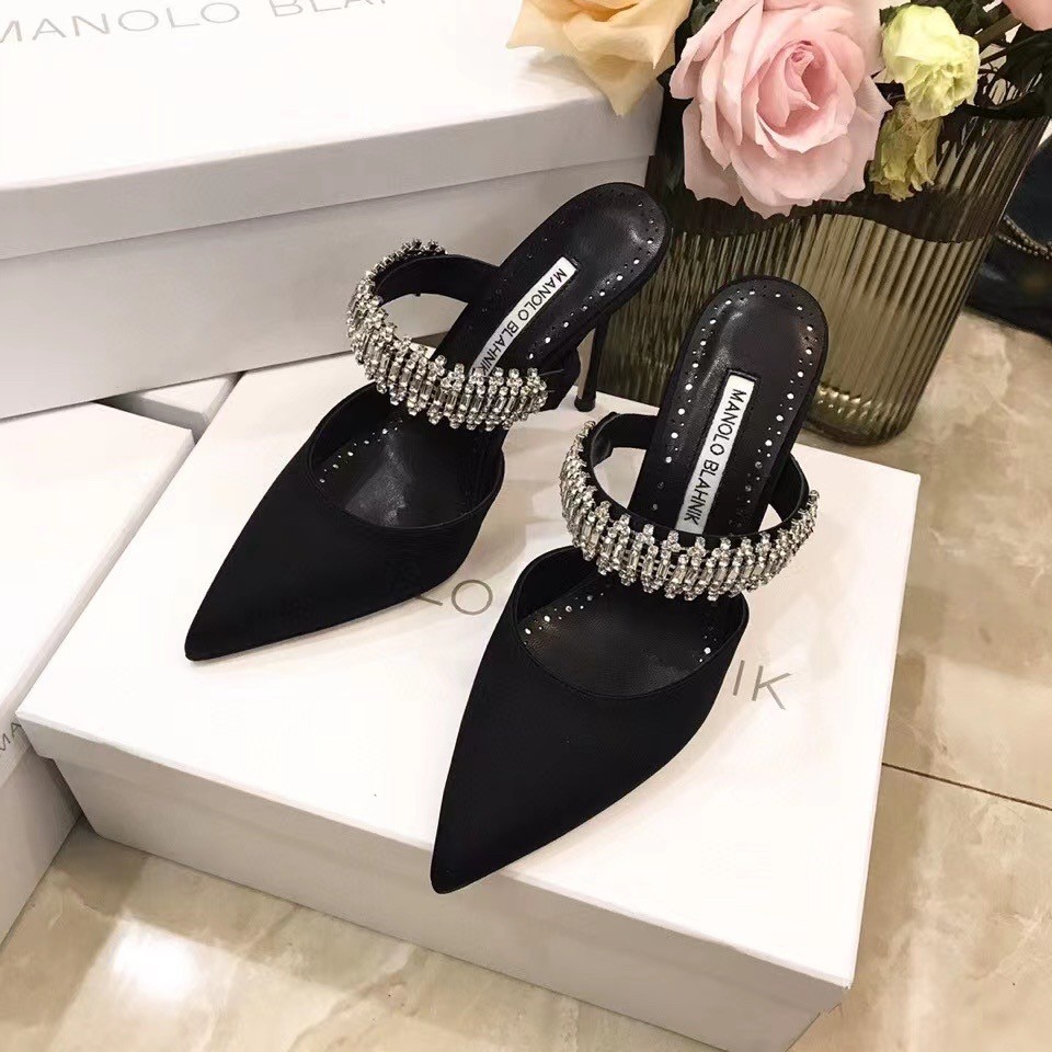 Manolo Blahnik Lutara Crystal 90mm Mules In Black Satin