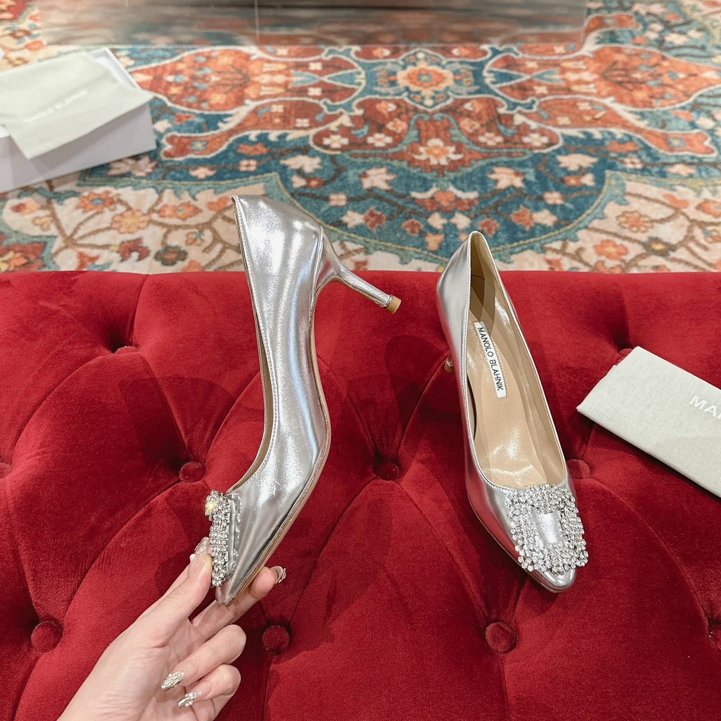 Manolo Blahnik Hangisi 70 Pumps in Silver Metallic Leather