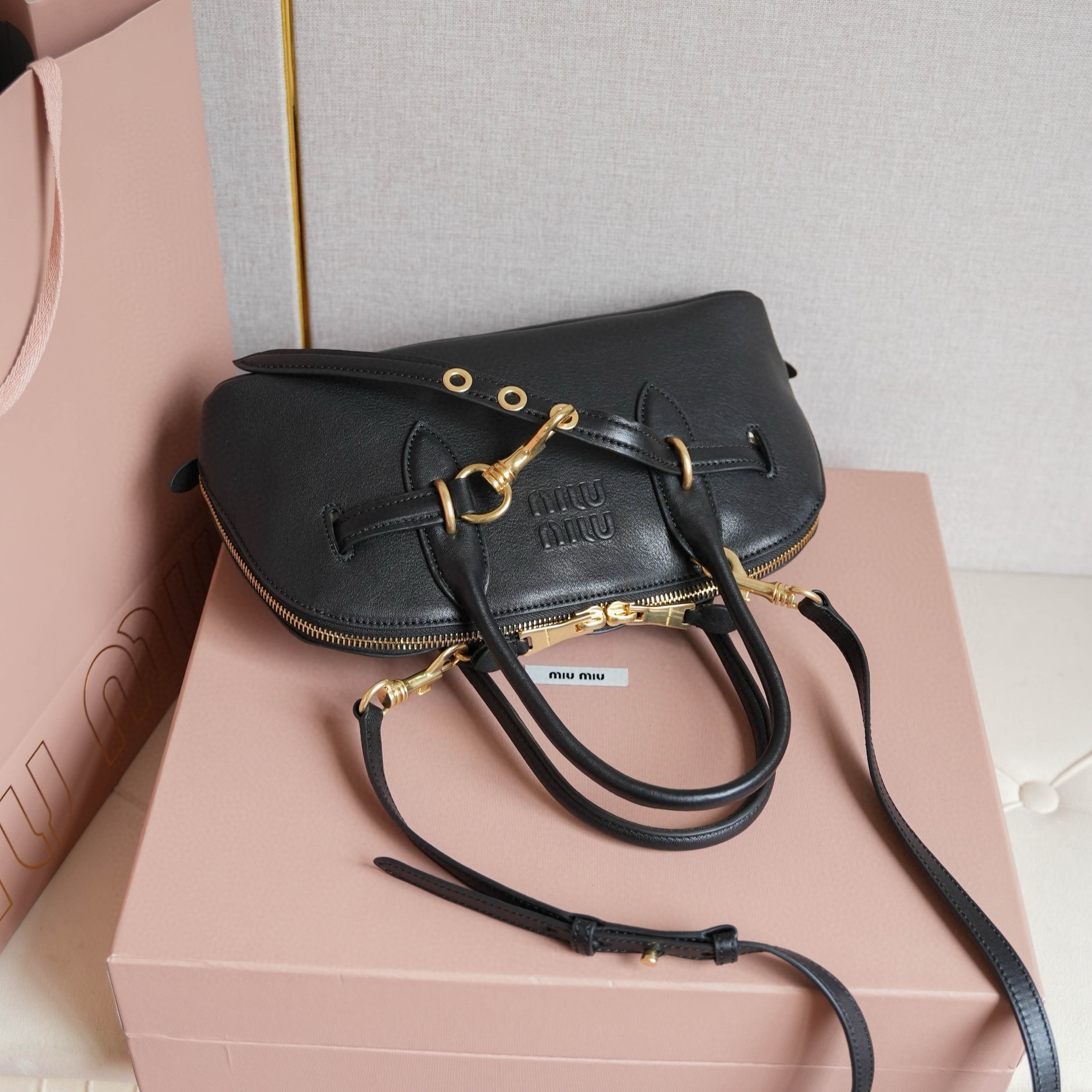 Miu Miu Aventure Medium Top-handle Bag in Black Nappa Leather