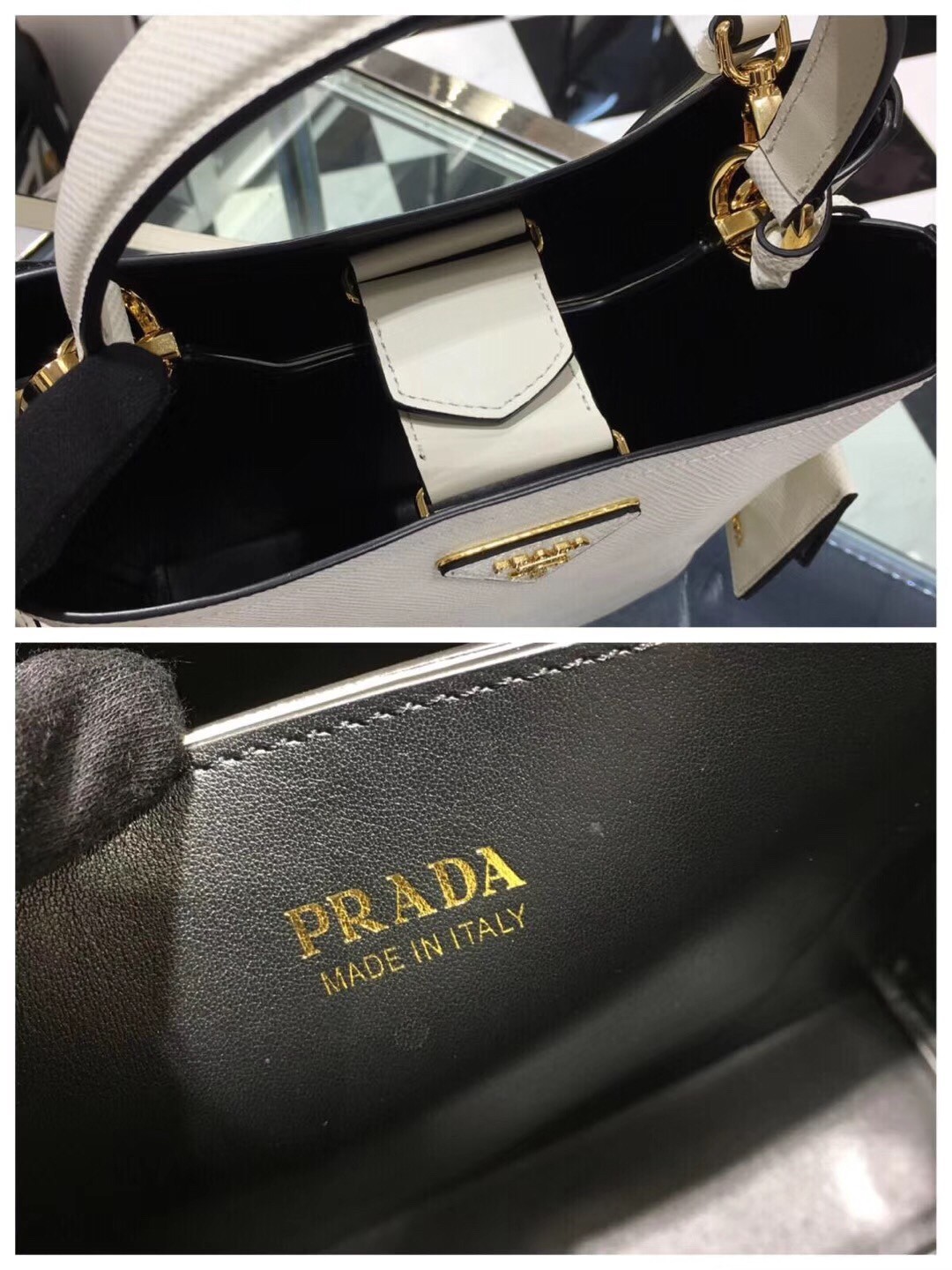 Prada White Saffiano North South Double Medium Bag