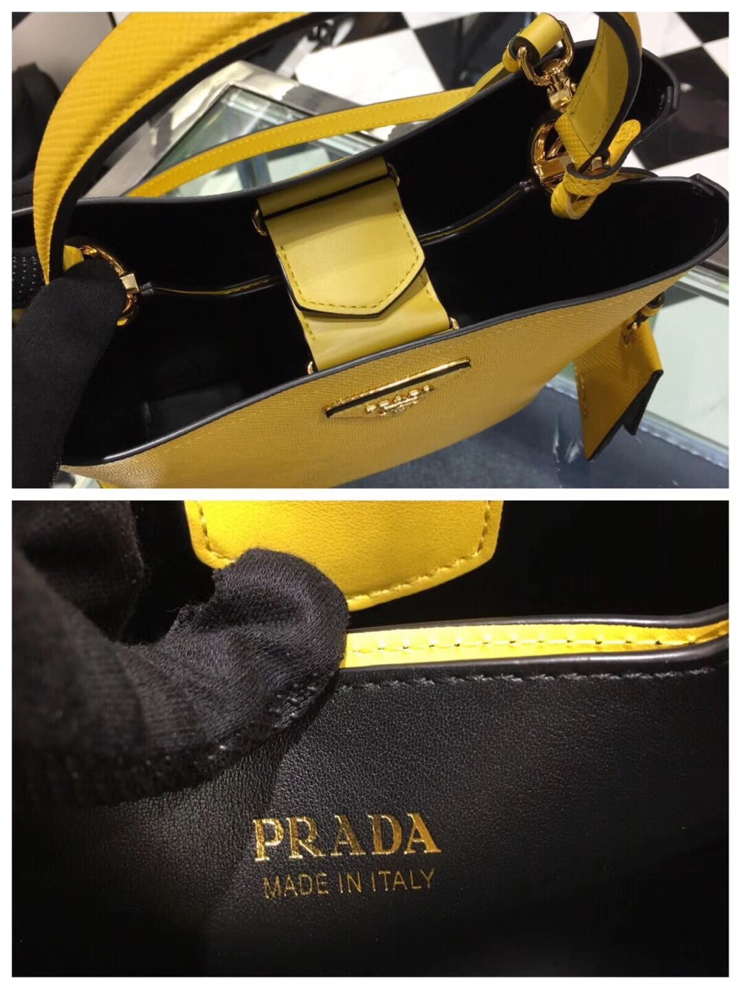 Prada Yellow Saffiano North South Double Medium Bag