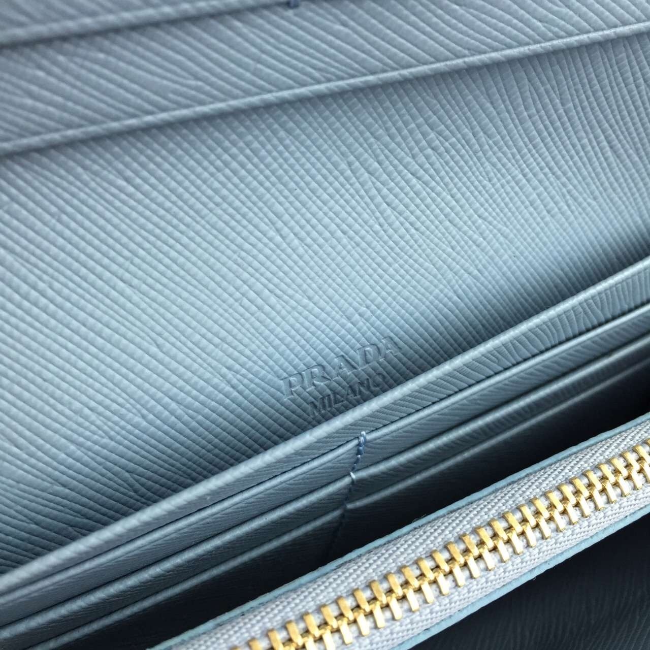 Prada Continental Wallet In Light Blue Saffiano Leather