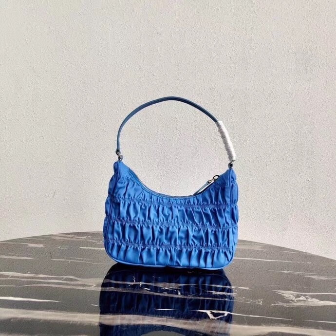 Prada Mini Hobo Bag In Blue Nylon and Leather