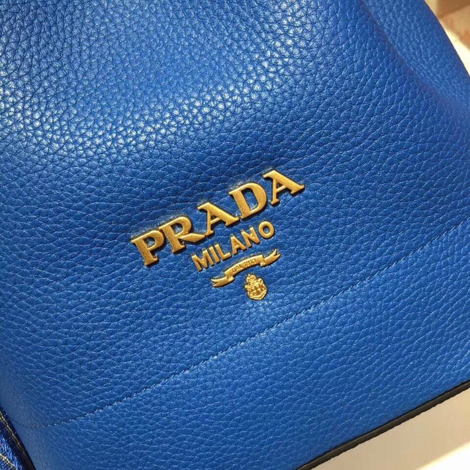 Prada Bucket Bag In Blue Grained Calfskin