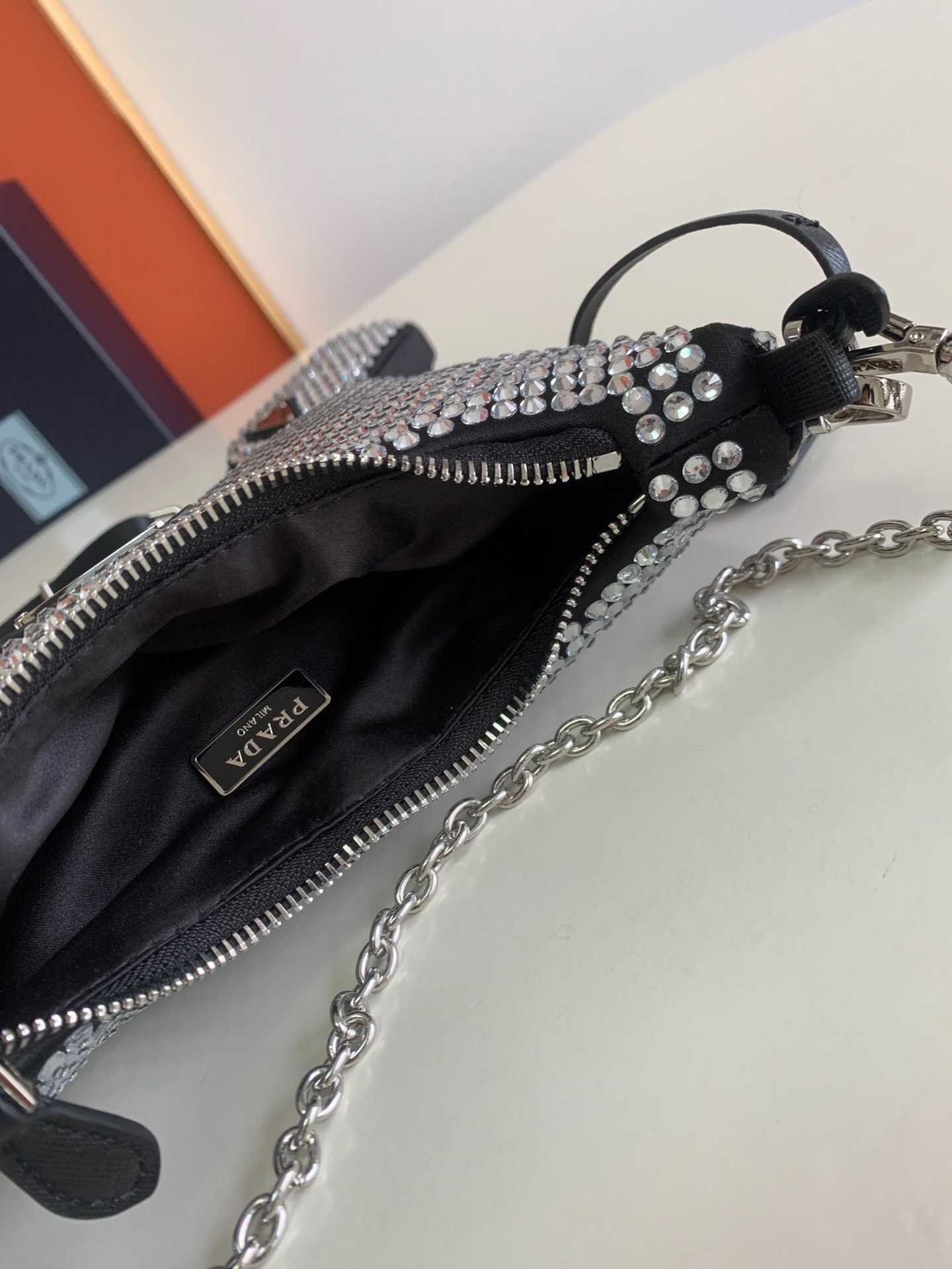 Prada Re-Edition 2005 Bag In Black Satin with Crystals