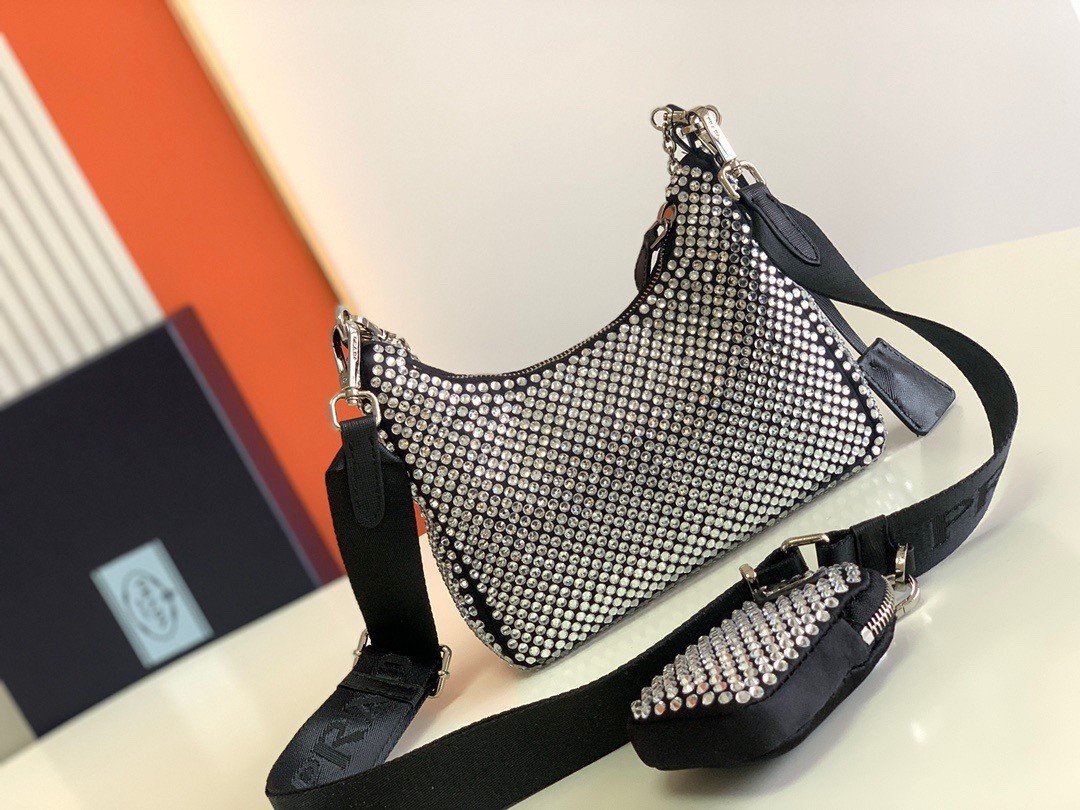 Prada Re-Edition 2005 Bag In Black Satin with Crystals