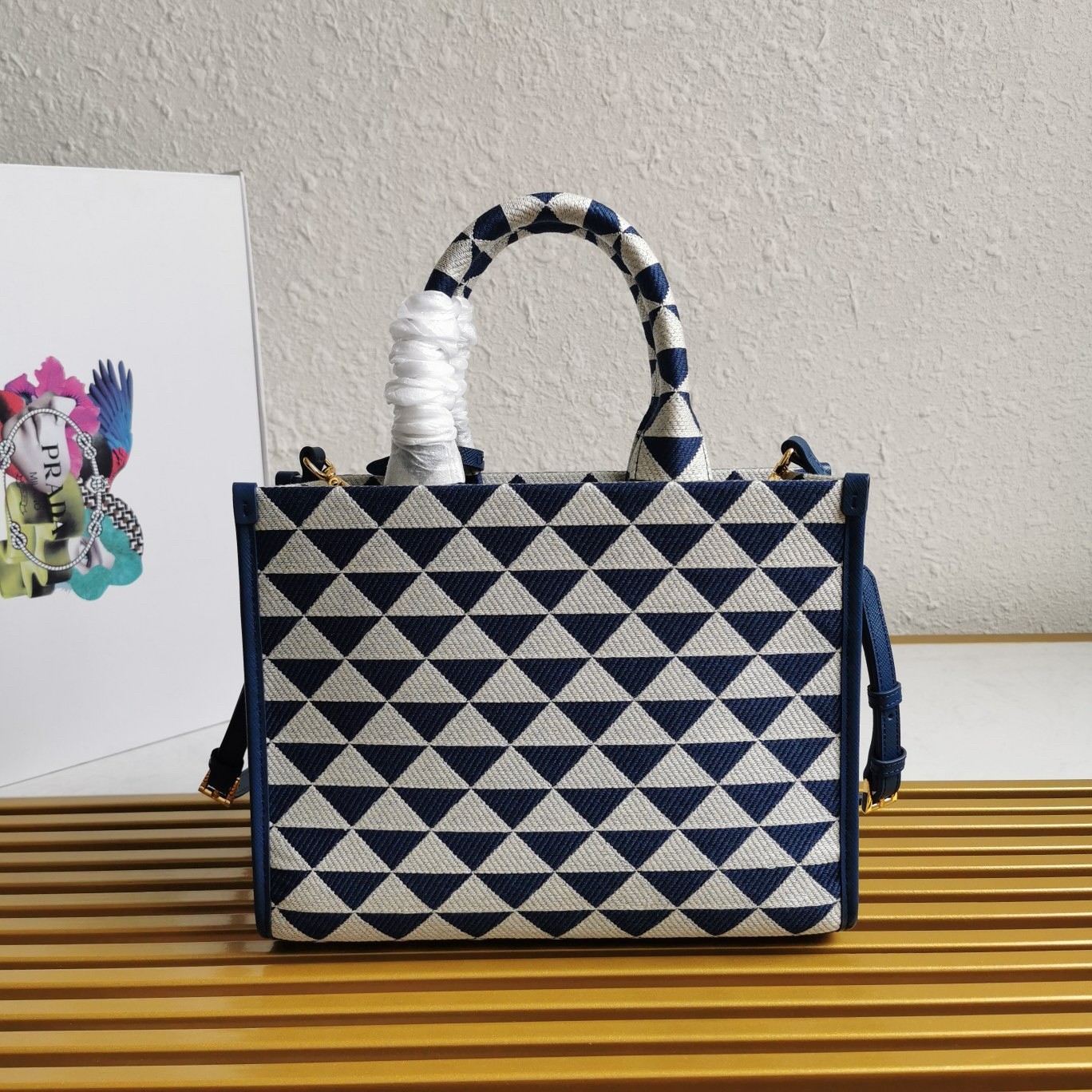 Prada Symbole Small Bag In White/Blue Jjacquard Fabric