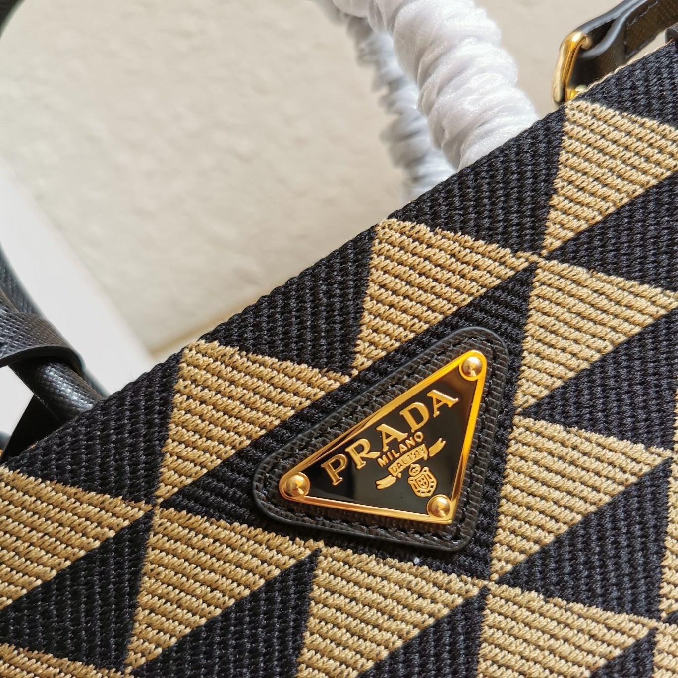 Prada Symbole Micro Bag In Black/Beige Jjacquard Fabric