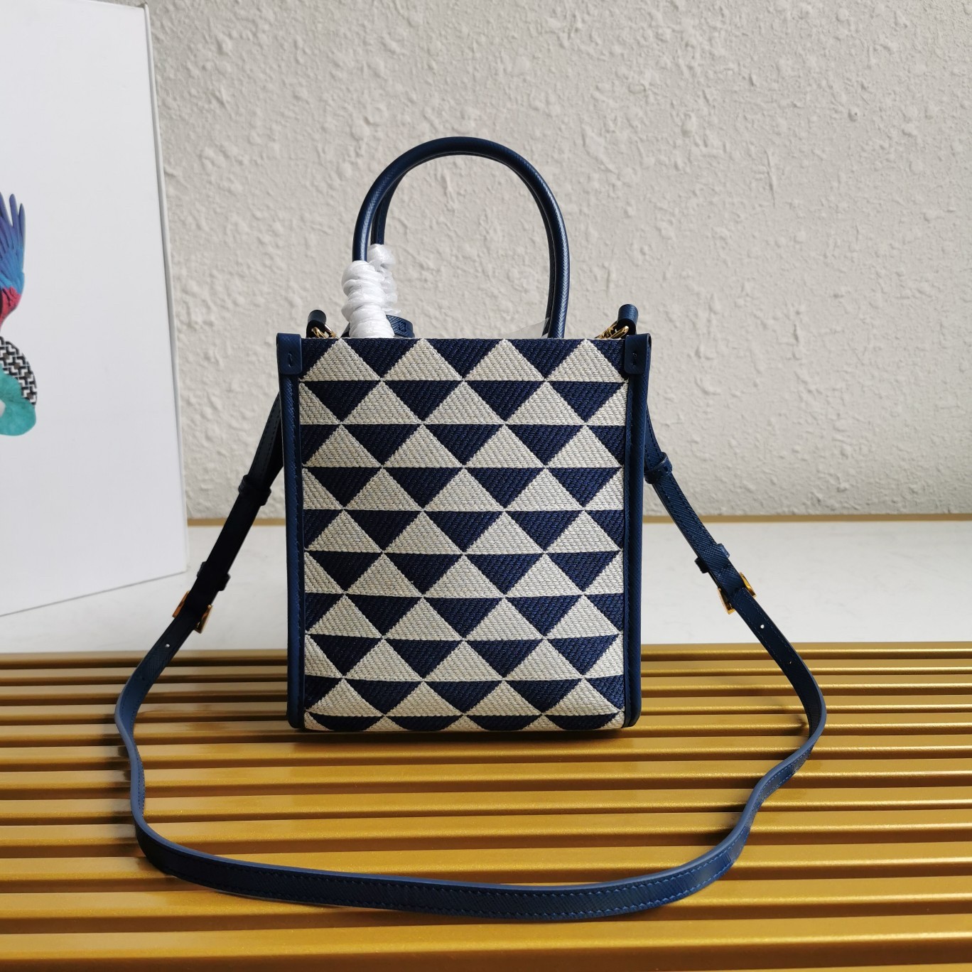 Prada Symbole Micro Bag In White/Blue Jjacquard Fabric