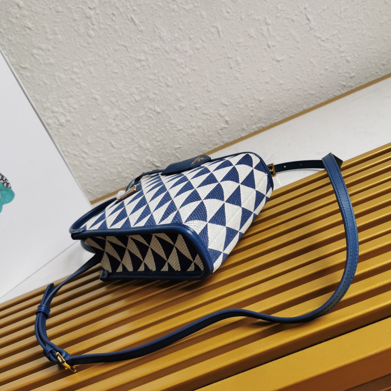 Prada Symbole Micro Bag In White/Blue Jjacquard Fabric