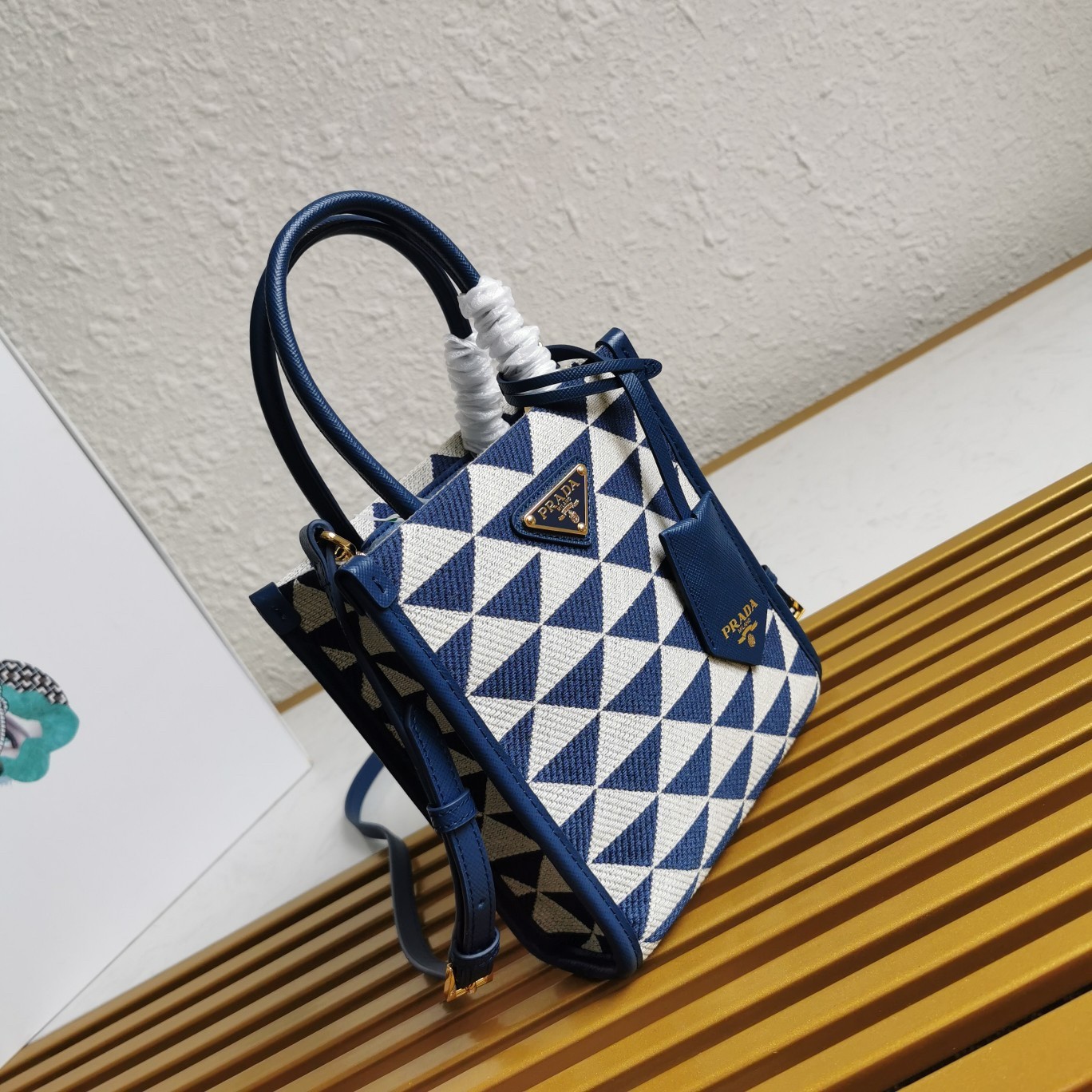 Prada Symbole Micro Bag In White/Blue Jjacquard Fabric