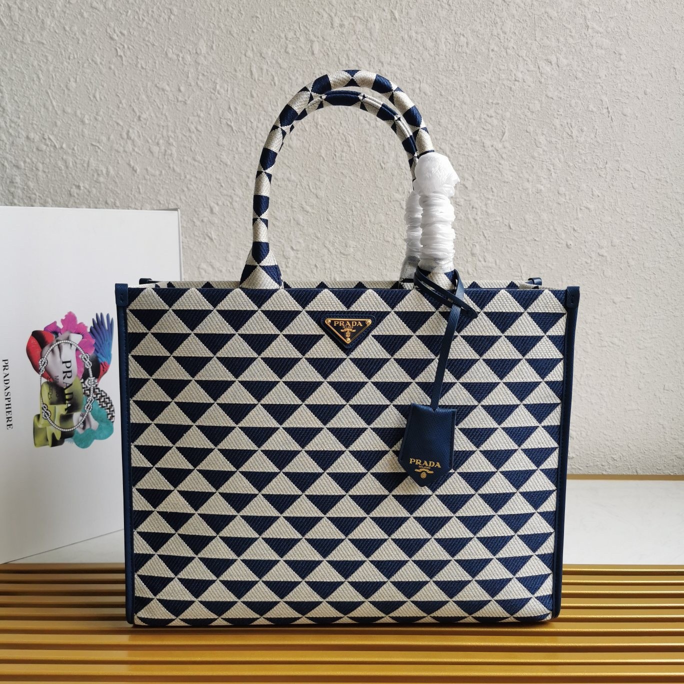 Prada Symbole Large Bag In White/Blue Jjacquard Fabric