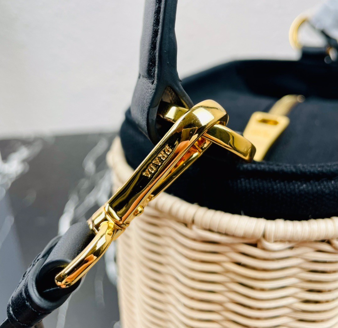 Prada Bucket Bag In Wicker and Black Canvas